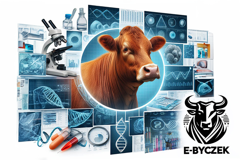 ilustracja z wizerunkiem krowy i sprzętem laboratoryjnym