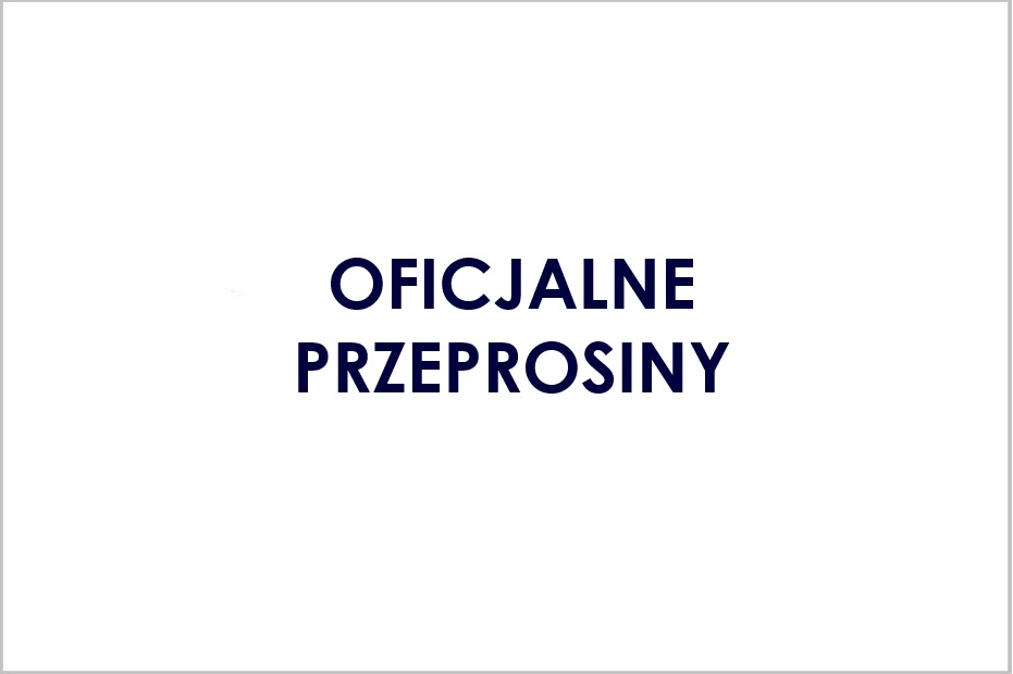 Oficjalne przeprosiny. Granatowy tekst na białym tle.