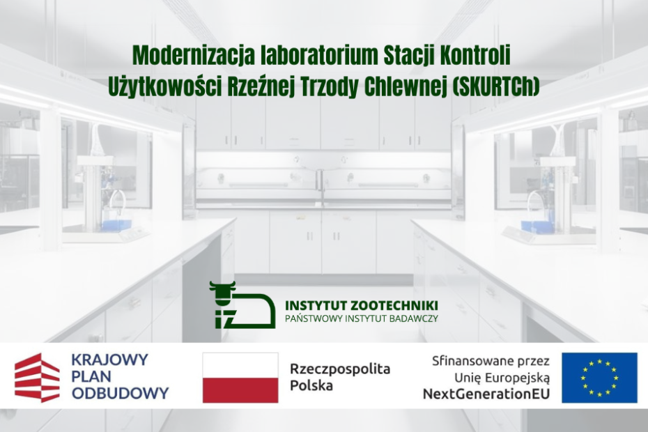 Prostokątny plakat z tytułem projektu. Logo z zielonym bykiem i napis Instytut Zootechniki Państwowy Instytut Badawczy. Poniżej czerwono-białe logo Krajowego Planu Odbudowy, biało-czerwona flaga obok napisu Rzeczpospolita Polska, logotyp Unii Europejskiej przedstawiający okrąg złożony z dwunastu złotych gwiazd na granatowym tle. W tle nowoczesne laboratorium.