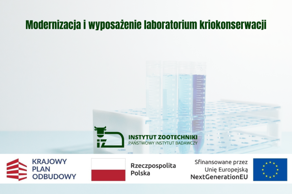 Prostokątny plakat z tytułem projektu. Logo z zielonym bykiem i napis Instytut Zootechniki Państwowy Instytut Badawczy. Poniżej czerwono-białe logo Krajowego Planu Odbudowy, biało-czerwona flaga obok napisu Rzeczpospolita Polska, logotyp Unii Europejskiej przedstawiający okrąg złożony z dwunastu złotych gwiazd na granatowym tle. W tle probówki.