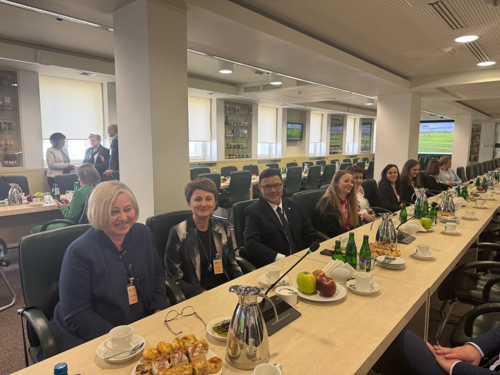 Przy stole konferencyjnym uczestnicy spotkania rozmawiają i czekają na dalszą część wydarzenia. Przed nimi ustawiono owoce, ciastka i napoje. W tle widać luźne rozmowy i ekran z prezentacją.