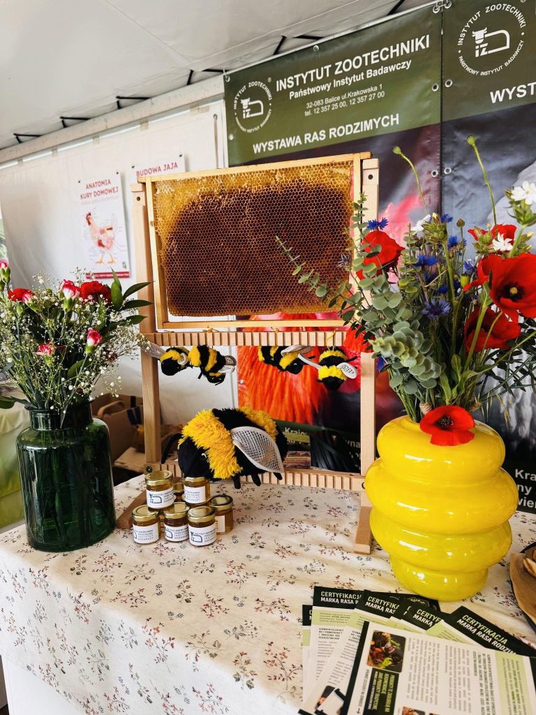 Stoisko Instytutu Zootechniki z ekspozycją pszczelarską, promujące bioróżnorodność i lokalne produkty pszczele.