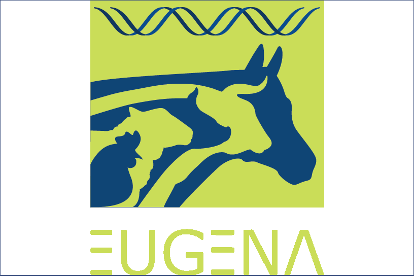Logo z zielonym tłem, przedstawiające sylwetki zwierząt gospodarskich: koguta, owcy, świni, krowy i konia. Nad nimi znajduje się stylizowany symbol DNA, a poniżej napis „EUGENA”.