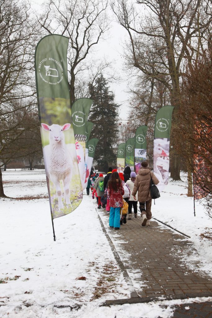 Grupa dzieci z opiekunem idzie alejką w zimowym parku, mijając zielone flagi z logo Instytutu Zootechniki i wizerunkami zwierząt.